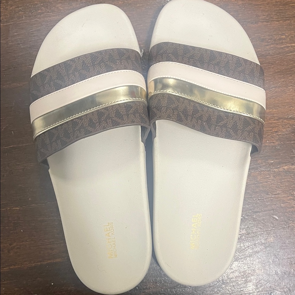 MK Brown and Gold Slide Sandals